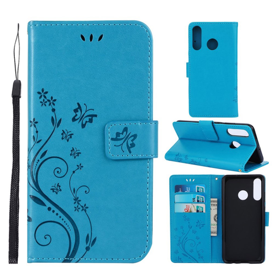 Huawei P30 Lite Avtryck fjäril och blomma läderfodral - Blå