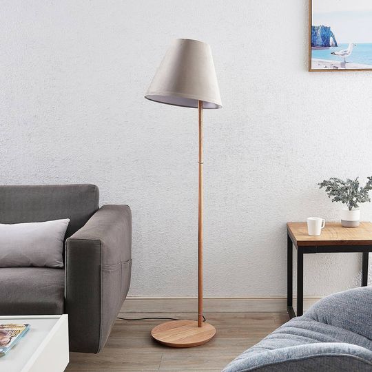 Lucande Jinda golvlampa, trästomme, grå sammet