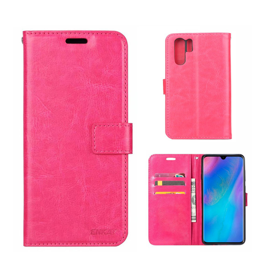 ENKAY Crazy Horse Huawei P30 Pro plånboksfodral i läder - cerise