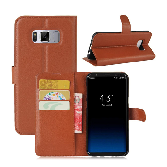 Samsung Galaxy S8 lychee läderfodral m. stativ - Brun