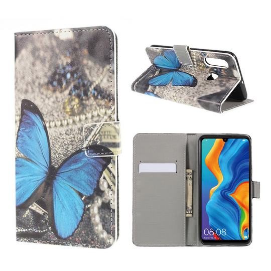 Huawei P30 Lite konstläderfodral med tryck - Blå fjäril