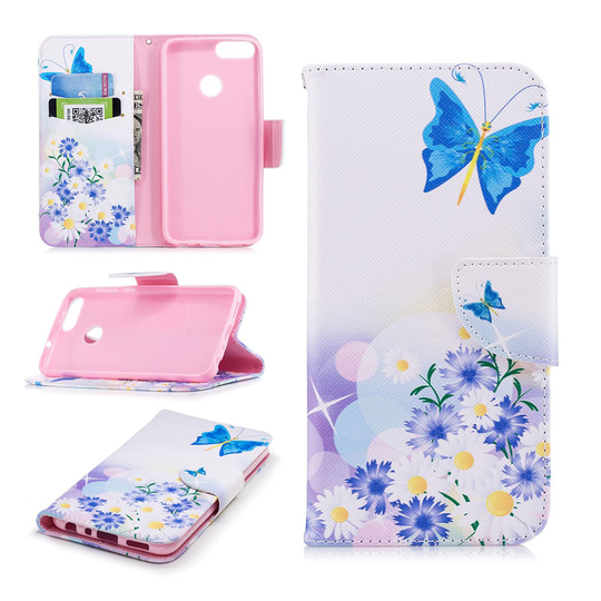 Huawei P Smart mönstrat konstläderfodral - Blå fjäril och blommor