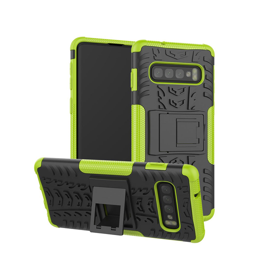 Samsung Galaxy S10 Plus däckmönstrat hybridfodral med stativ - grön
