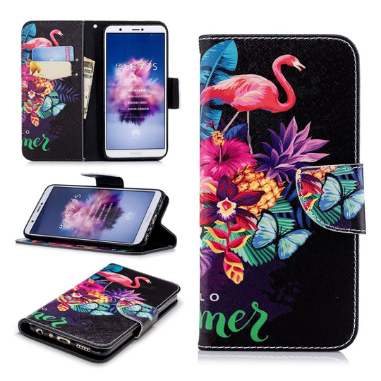 Huawei P Smart vikfodral i konstläder med tryck - Flamingo och ananas