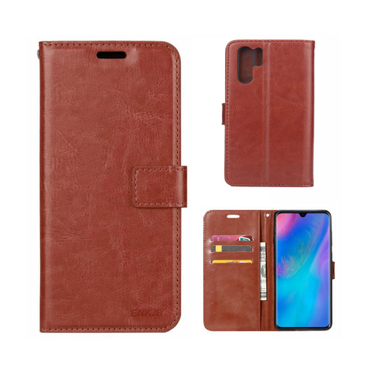 ENKAY Crazy Horse Huawei P30 Pro plånboksfodral i läder - brun