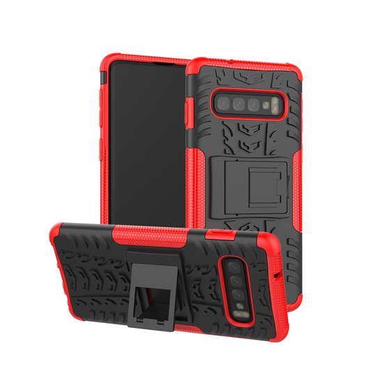Samsung Galaxy S10 Plus däckmönstrat hybridfodral med stativ - röd