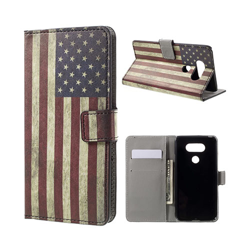 Hagerup Läderfodral med Stativ och Kortfack till LG G5 - Retro USA Flagga