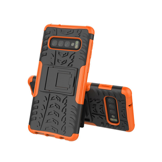 Samsung Galaxy S10 Plus däckmönstrat hybridfodral med stativ - orange
