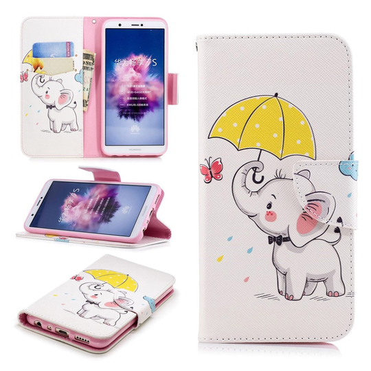 Huawei P Smart vikfodral i konstläder med tryck - Elefant med paraply