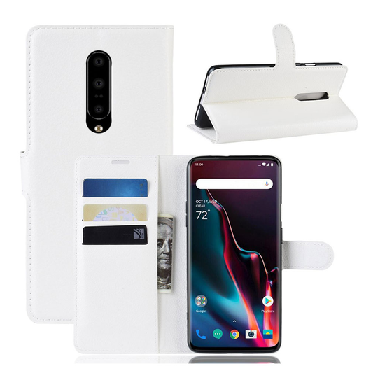 OnePlus 7 Pro konstläderfodral med litchi textur - Vit