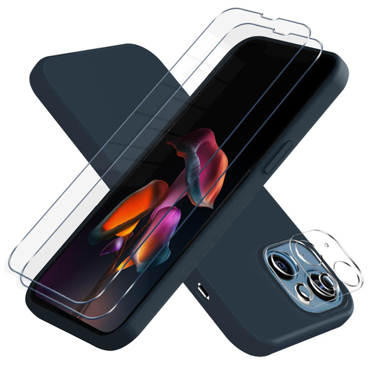 iPhone 13 [5-PACK] 1 X Skal - 2 X Linsskydd - 2 X Härdat Glas - Mörk Blå